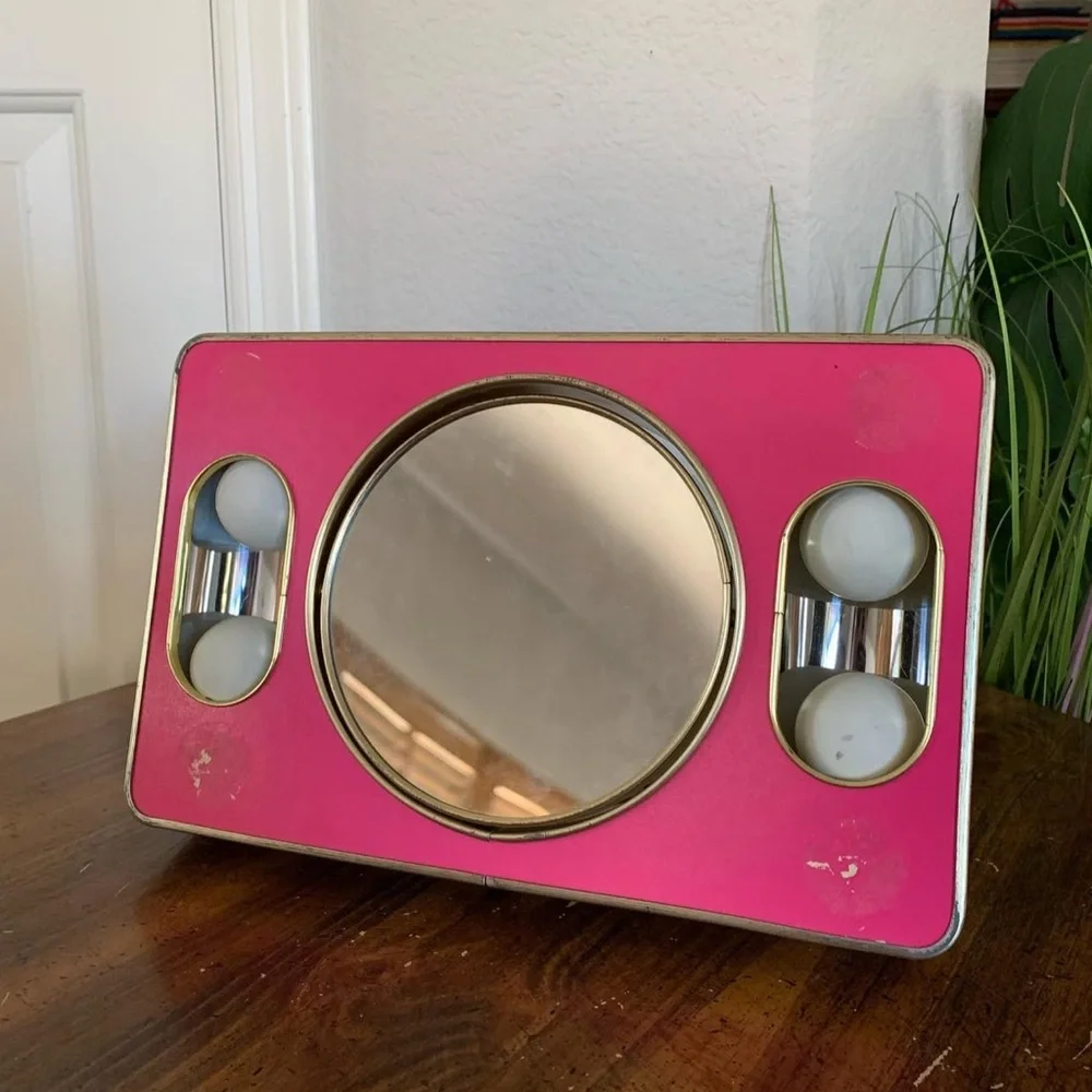 Vintage Mid Century Brytone Mod Glow Pink Portable Mirror
